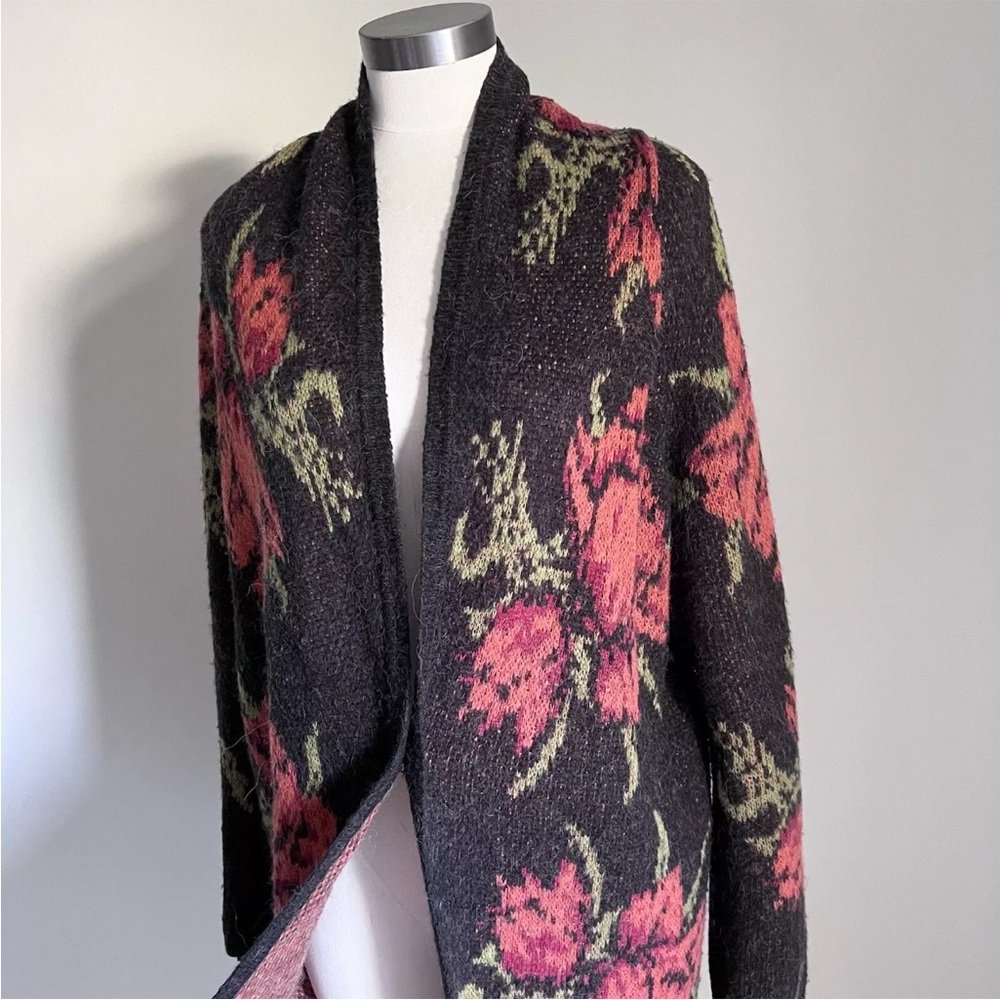 Free People Flower Power Boho Knit Cardigan Sz LARGE Wool Alpaca Blend Red Black - Picture 5 of 15